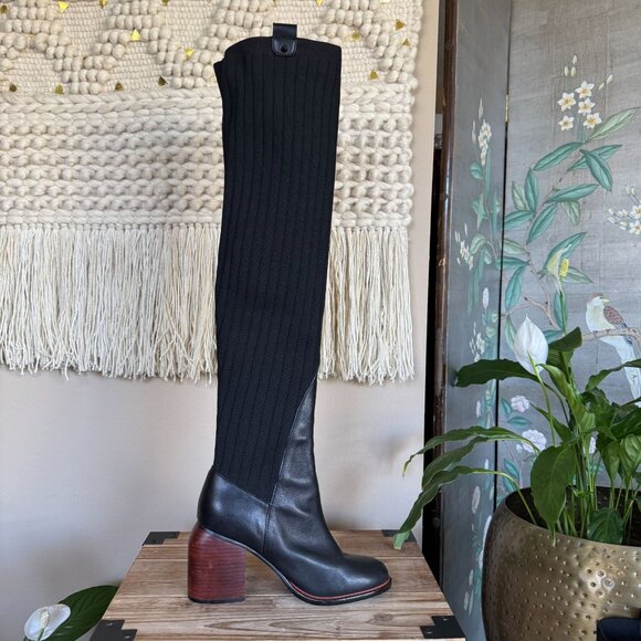 KELSI DAGGER BROOKLYN Black Leather Knit Over The Knee Curved Block Heel Boots - Picture 8 of 16